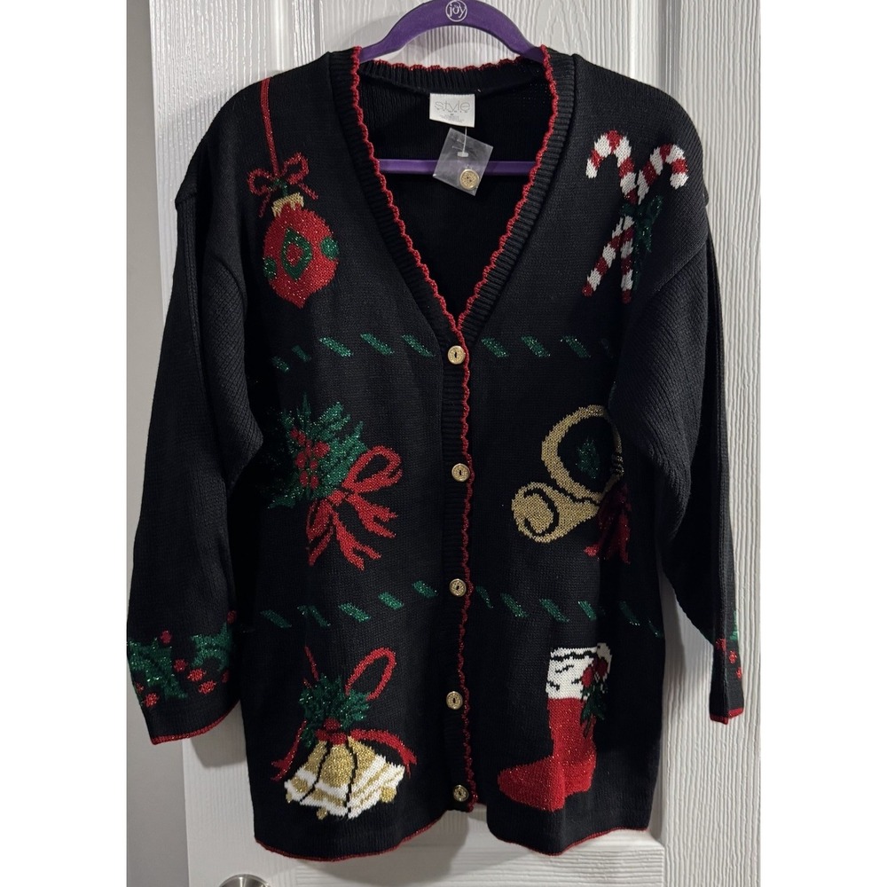 VTG‎ Style Studio Womens Black Christmas Holiday Knit Cardigan Sweater